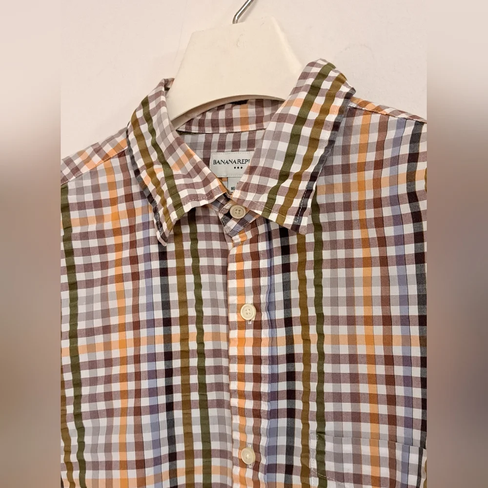Banana Republic Plaid Shirt Green, Orange, & Brown Long Sleeve Men's 16-16 1/2